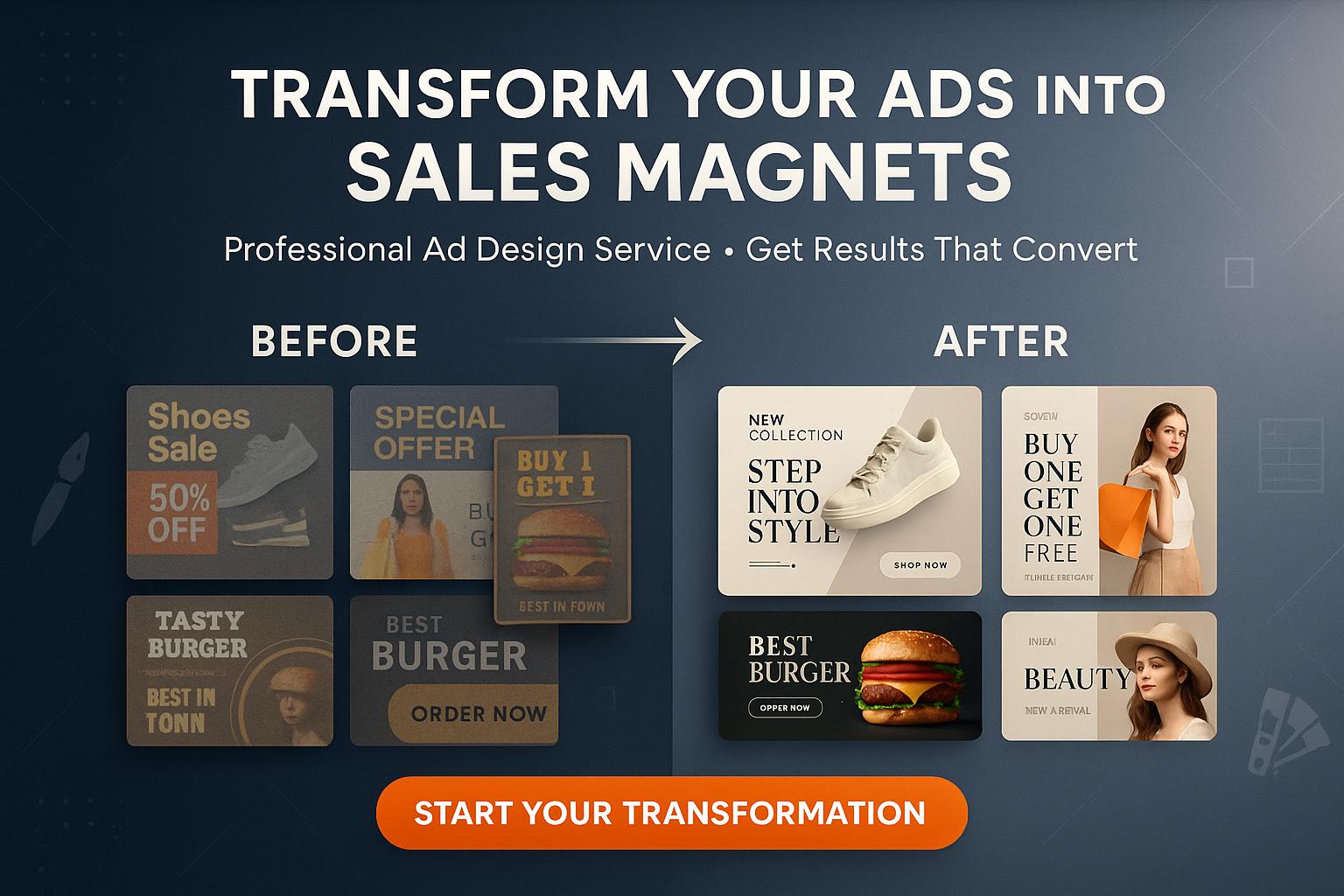 AdImage AI-generated advertisement examples showcasing various industries including automotive, technology, fashion, and professional services with diverse styles and professional quality results